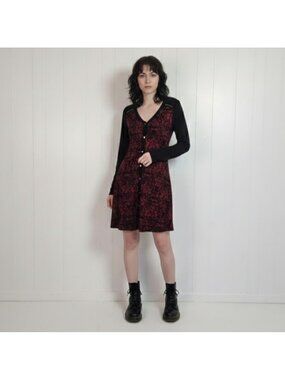 Y2K Whimsigoth Red Black Tunic Mini Dress Dolcezza Long Sleeve Size Small Goth